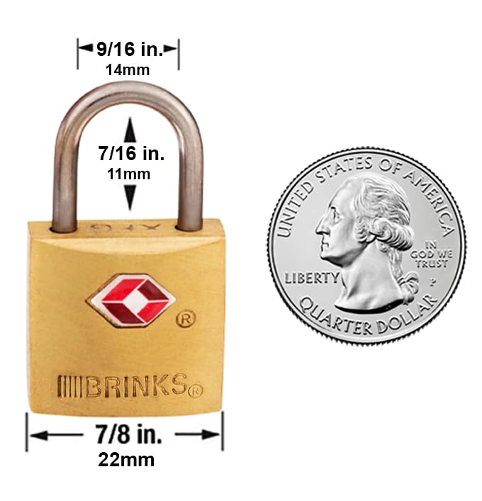 BRINKS TSA Approved Padlock, 22mm Solid Brass, Chrome-Plated with Hardened Steel Shackle, TSA Locks for Luggage, 4-Pack