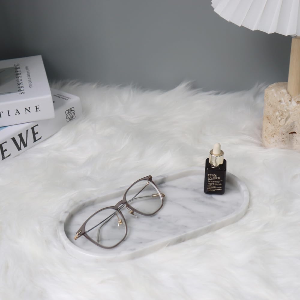 Natural Marble Tray, Oval Vanity Decorative Tray for Bathroom Counter, Countertop Stone Organizer, Catchall Tray for Kitchen, Perfume, Candles, Jewelry Dish Decorative Tray