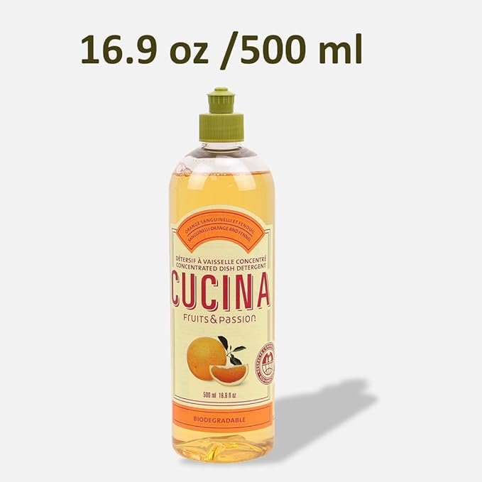 Cucina Fruits & Passion Concentrated Dish Soap, Sanguinelli Orange & Fennel, Gentle Liquid Dishwashing Detergent with Olive Oil, Vegan & Eco-Friendly Formula in Refillable 16.9 fl oz Recyclable Bottle