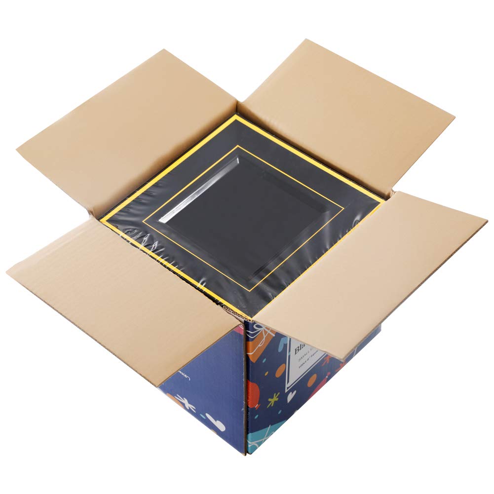bUCLA 100PCS Black Square Plastic Plates with Gold Rim - 6 inch Disposable Dessert/Appetizer/Small Cake Plates for Party, Graduation & New Year