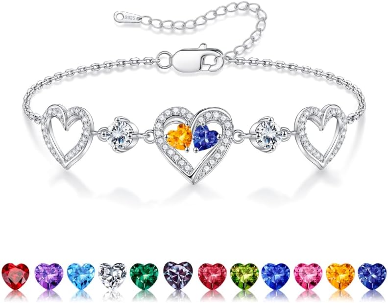 Iefil Valentines Day Gifts for Her - 925 Sterling Silver Heart Birthstone Bracelet Birthday Anniversary Jewelry Gifts for Her Wife