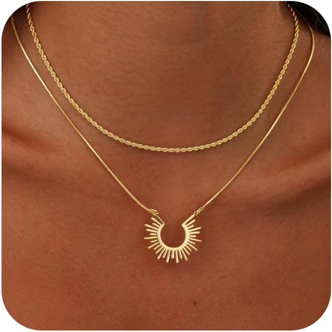 CHESKY Layered Necklaces for Women Trendy, Dainty 14k Gold Plated Pendant Necklace Layering Necklace for Women Non Tarnish Hypoallergenic Sun Gold Necklace Stack Gold Jewelry for Women Gifts