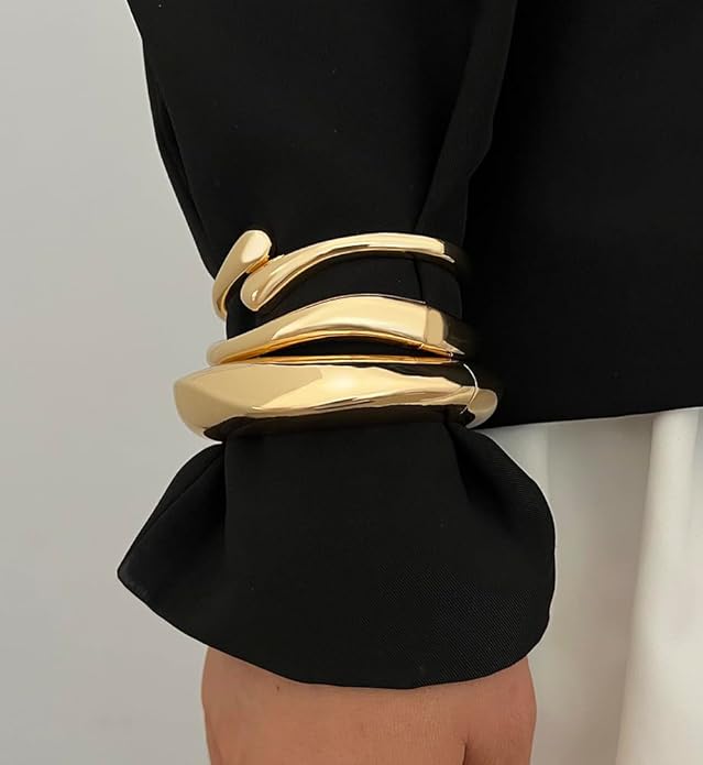 Chunky Gold Bangle Bracelets for Women, Dainty 14k Gold Plated Big Stackable Bangles Set, Trendy Statement Cuff Bracelet Stack Fashion Jewelry Christmas Gifts