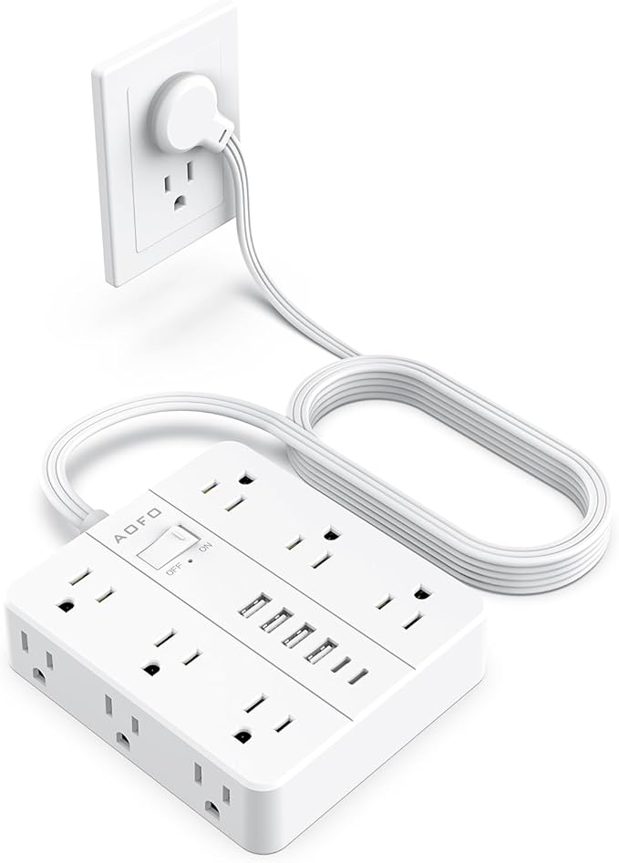 10FT Surge Protector Power Strip,12 AC Outlets with 6 USB Ports (2 USB-C), Flat Plug Extension Cord with Multiple Outlets, Wall Mount for Home Office,Dorm,White