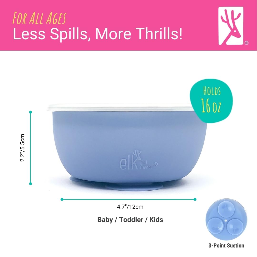 Elk and Friends Stainless Steel Bowls with Silicone Sleeve for Babies & Toddlers | Lids Included | Stay Put Suction | Cereal & Snack Bowls | 4 Pack