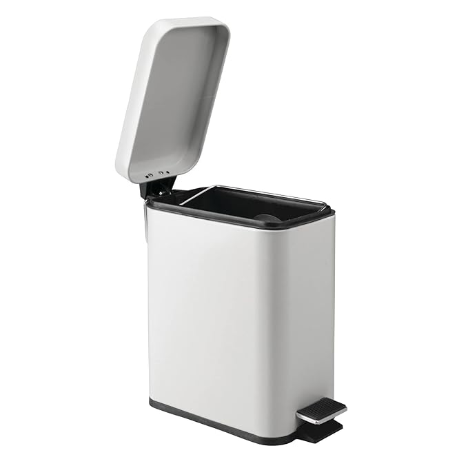 mDesign Pedal Bin — Waste Bin with Pedal, Lid and Plastic Bucket Insert Perfect for Bathroom, Kitchen, and Office — Metal Household Rubbish Bin with Ergonomic Design — Light Grey