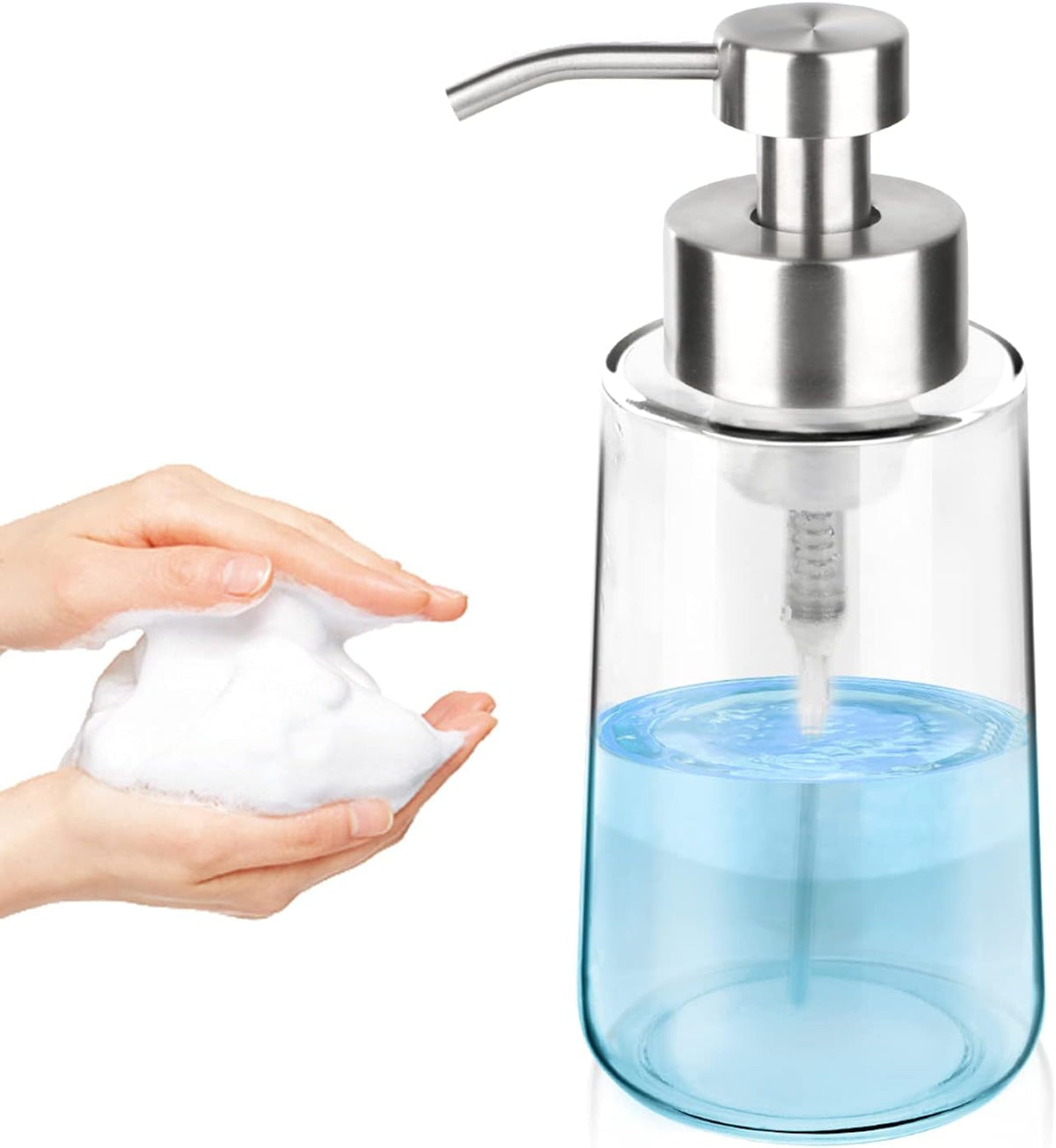 Thick Glass Soap Dispenser with Rust Proof Stainless Steel Pump, Clear Foam Soap Dispenser with Wide Opening for Kitchen and Bathroomï¼15 Ozï¼