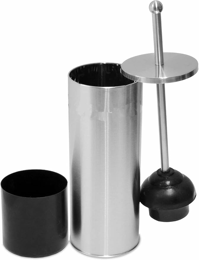 Chrome Toilet Plunger with Holder Bathroom Metal Canister Holder Drip Cup, Heavy Duty, Deep Cleaning Silver