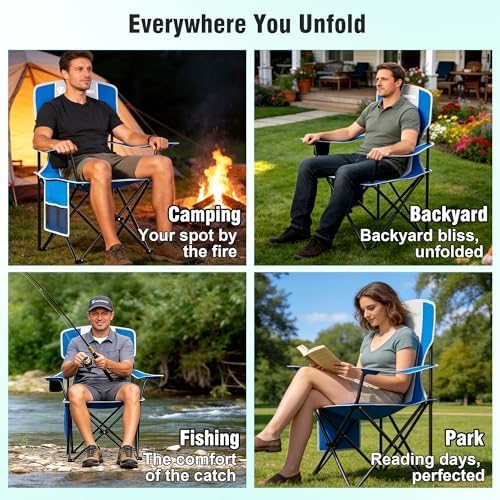 Camping Chair, 300 LBS High Back Sturdy Lawn Chairs Folding (Blue Gray) | Portable Outdoor Folding Camping Chair for Adults, with Cup Holder for Picnic, Lawn, Beach, Fishing and Sports