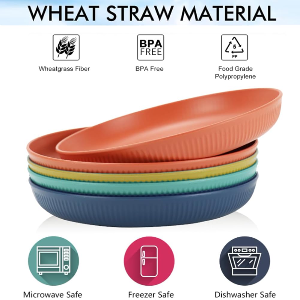 LRUUIDDE Lightweight Wheat Straw Plates 9 Inch, Microwave and Dishwasher Safe BPA Free and Healthy Reusable Unbreakable Deep Dinner Plates, Outdoor for Picnic, Camping (4pack)