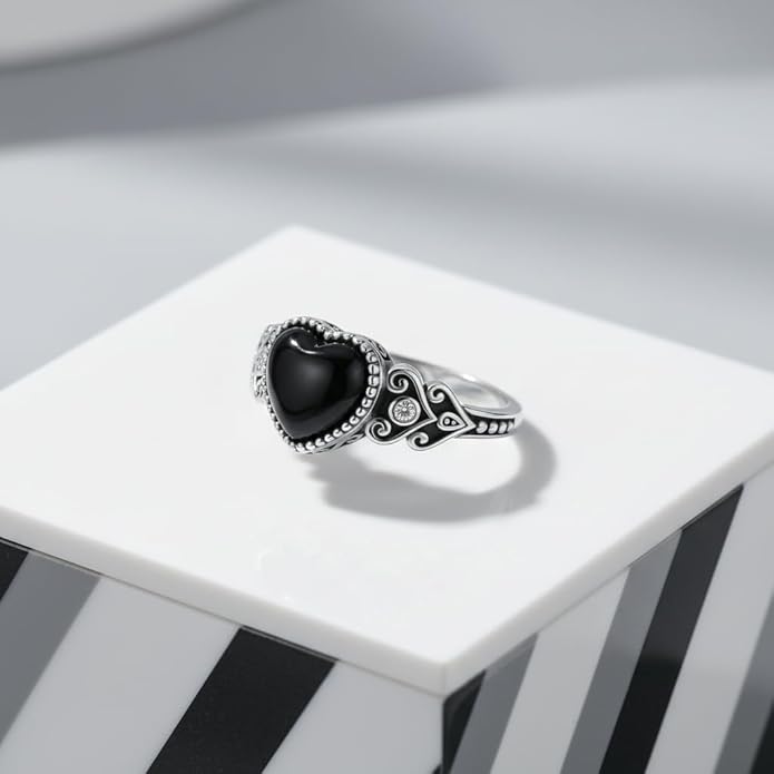 925 Sterling Silver Oxidized Black Onyx Rings for Women - Round & Heart 9mm Onyx Vintage Retro Design, Ideal for Daily Wear