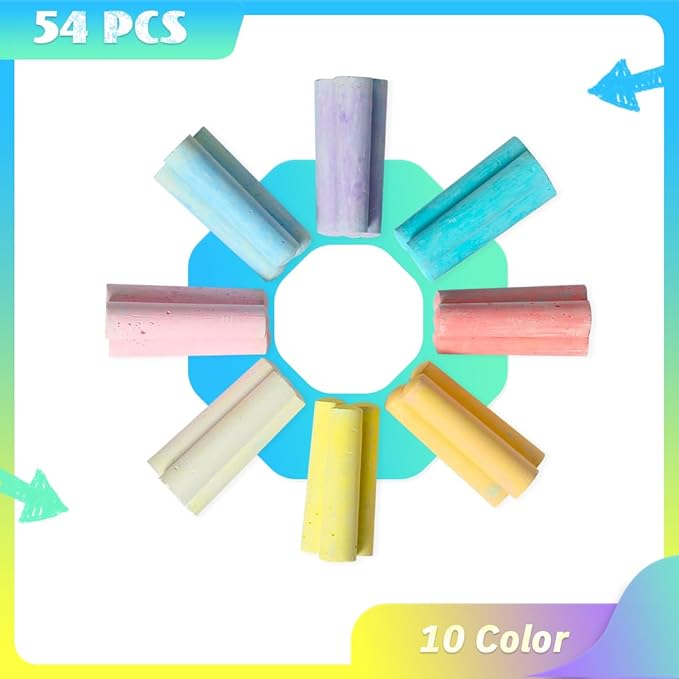 novelinks 54 Pack Sidewalk Chalk Set 10 Color Washable Non-Toxic Drawing Set Durable Jumbo Drawing Chalk for Outdoor Art Play and Schools