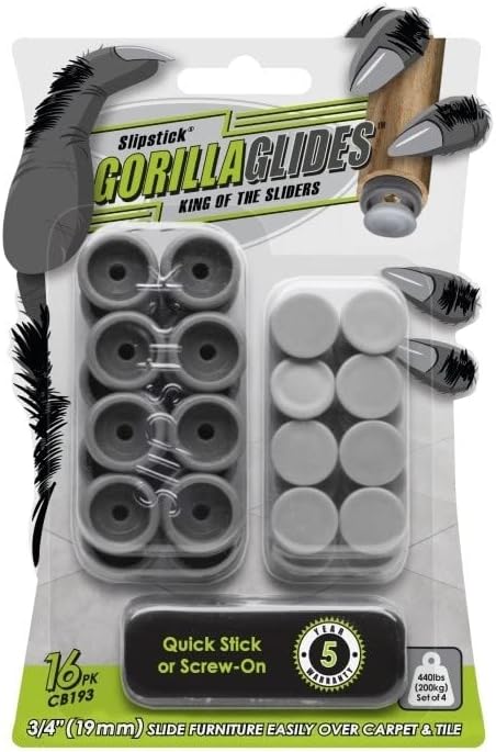 GorillaGlides CB193 3/4 Inch Chair Glides/Furniture Feet Floor Protectors (Set of 16 Sliders) Self-Adhesive Screw-On Glides for Sliding on Hard Surface Flooring and Low-Pile Carpet, Round