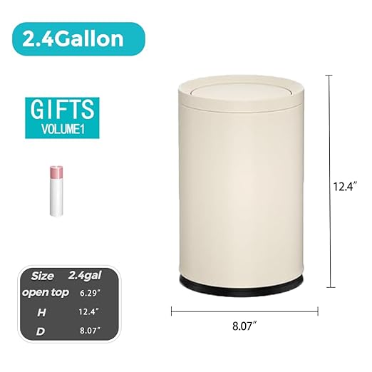 2.3 Gallon/9L White Round Trash Can with Swing Lid, Metal Garbage Can,Modern,Elegant Waste Basket,for Bathroom, Bedroom,Living Room,Office,RV,Home(9L-White)