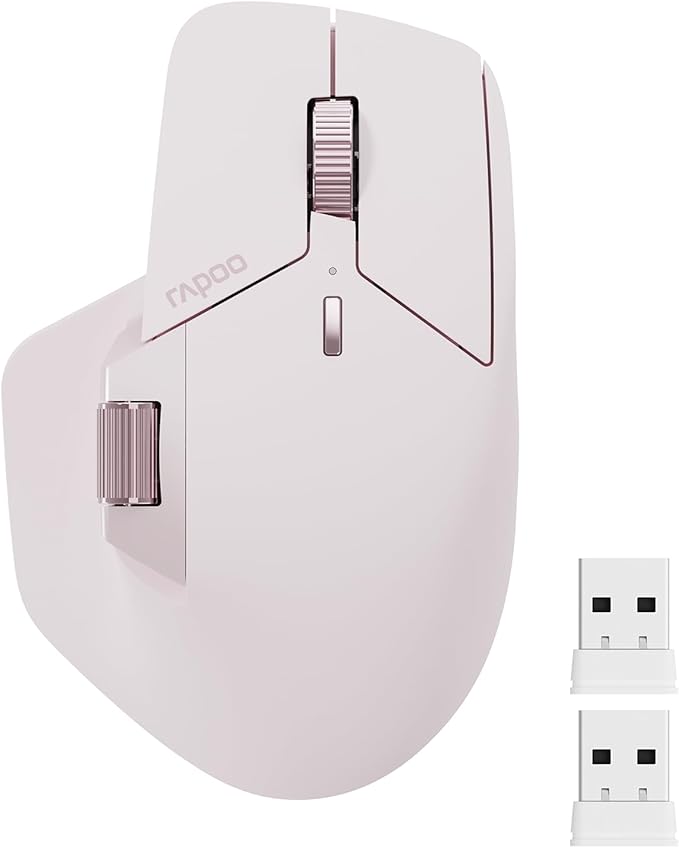 Rapoo MT760 Multi-Device Wireless Mouse, Bluetooth 5.0 and 2.4GHz Multi-Mode Connection, Up to 4 Devices, 11 Programmable Buttons, 4K DPI, Ergonomic Design, 90 Days Battery Life, PC, Pink
