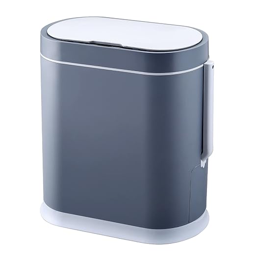 ELPHECO Bathroom Trash Can with Toilet Brush 2.5 Gallon Waterproof Trash Bin Smart Garbage can with lid Motion Sensor Waste Bin Automatic Bathroom Decor(Grey)