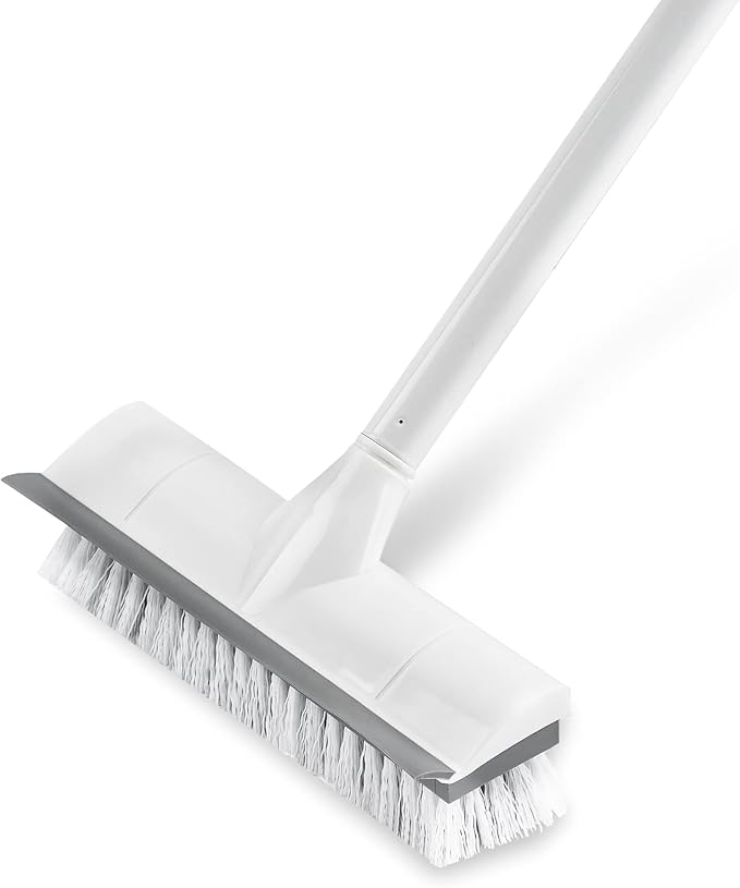 BOOMJOY Floor Scrub Brush with Long Handle, 2 in 1 Scrape and Brush, Stiff Bristles for Cleaning Bathroom, Patio, Garage, Kitchen, Deck, Tile