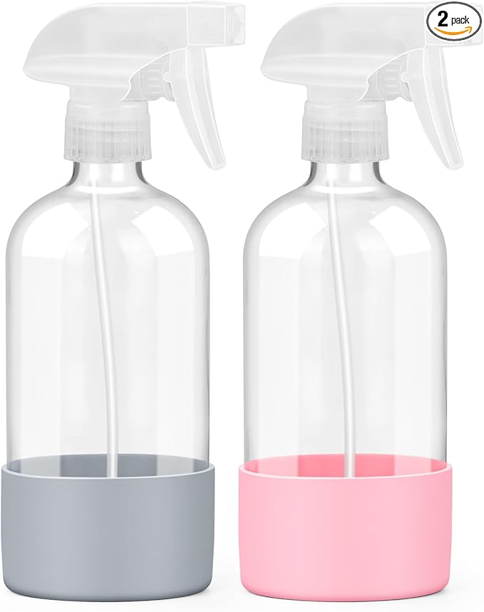 2 Pack Glass Spray Bottles with Silicone Sleeve, 16 oz Empty Refillable Containers with Adjustable Spray Nozzles, Spray Bottles for Hair, Cleaning Solutions and Plants Pink&Grey