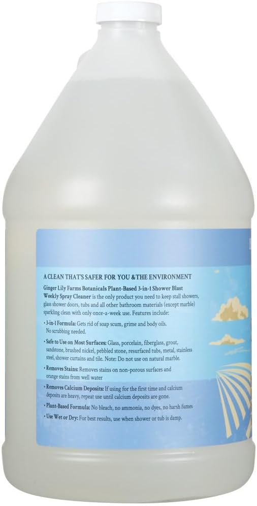 Ginger Lily Farms Botanicals Plant-Based 3-in-1 Shower Blast Weekly Spray Cleaner, 100% Vegan & Cruelty-Free, Island Tranquility, Green Tea Lemongrass, 1 Gallon (128 fl. oz.) Refill