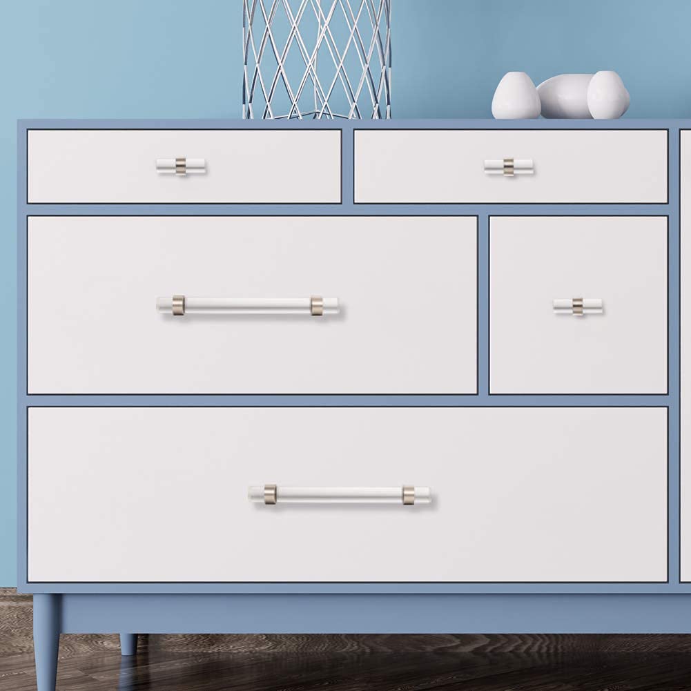 BonKuDoo 10 Pack Brushed Nickel Cabinet Knobs Clear Glass Crystal Drawer Knobs Kitchen Cabinet Pulls and Knobs for Dresser Drawers T-Bar
