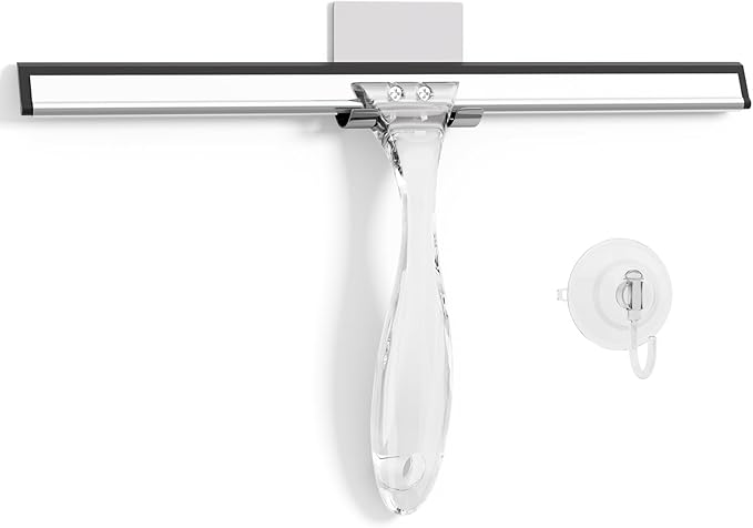 AmazerBath Shower Squeegee for Glass Doors, All-Purpose Squeegee with Suction Hook & Adhesive Hook, Clear Squeegee for Shower Glass, Windows, Mirrors, Tiles and Car Windows - 12 Inches, Clear