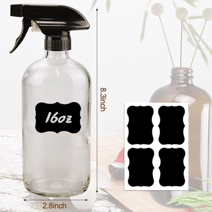 Wedama Glass Spray Bottle, 2 Pack Clear 16 oz Glass Spray Bottles for Cleaning Solutions and Essential Oils, Refillable Empty Spray Bottle with Adjustable Nozzles for Alcohol, Plant and Hair Care