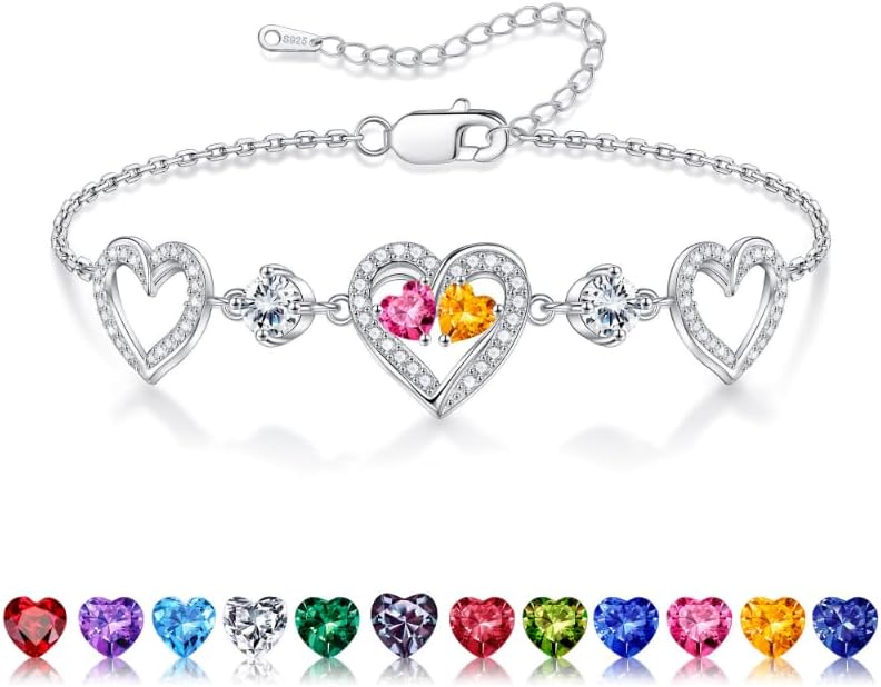 Iefil Valentines Day Gifts for Her - 925 Sterling Silver Heart Birthstone Bracelet Birthday Anniversary Jewelry Gifts for Her Wife