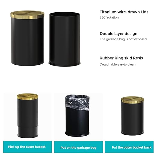9L / 2.4 Gallon Black Metal Trash can with Lid, Fingerprint-Proof Garbage Can with Removable Inner, Metallic Gold Wastebasket for Bathroom,Bedroom,Dorm,Office,Hotel (Black Double Layers)