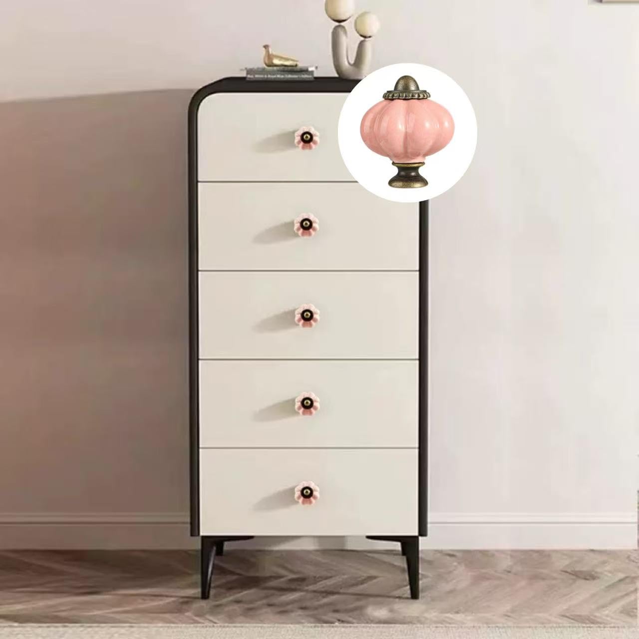 Eledabra 4 pcs Pink Pumpkin Knobs, Vintage Ceramic Cabinet Knobs, Dresser, Drawer,Door Knobs Drawer Pulls Dresser Handles with Mounting Screws