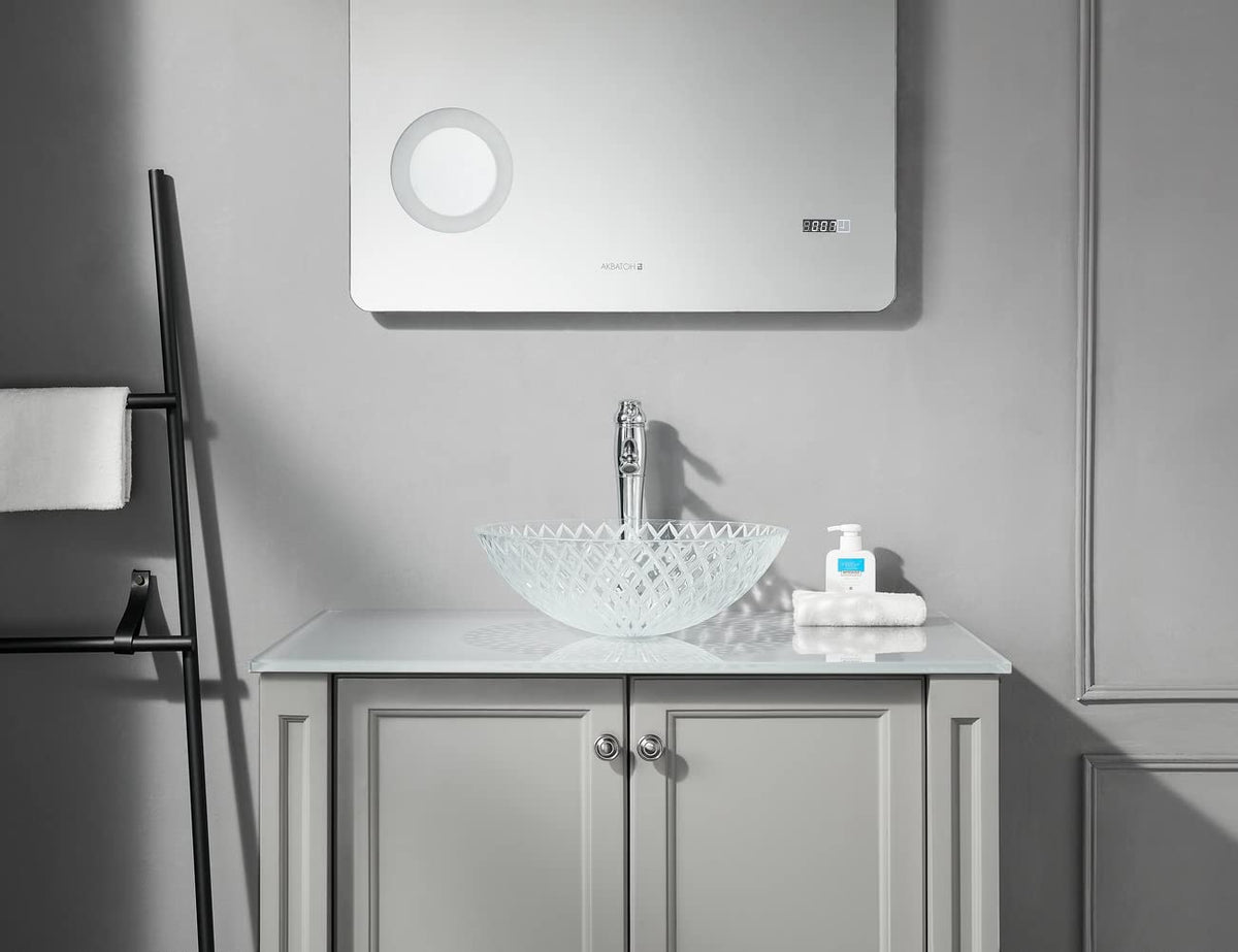 Fanwin Star Tempered Deco Glass Luxuryhome Bathroom Sink in Crystal engraving Elegant | Top Mount Basin | Vanity Countertop Sink Bowl with Pop Up Drain |Surface Finish Glossy | FW-LA659