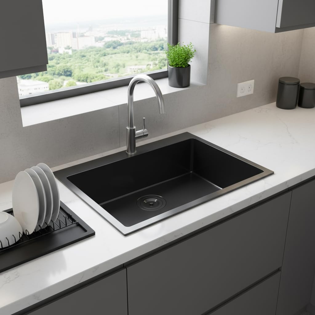 IKEBANA 22 x 18 inch Black Drop in Kitchen Sink, 16 Gauge Stainless Steel Topmount Kitchen Sink Single Bowl, Outdoor Small RV Bar Sinks with Strainer