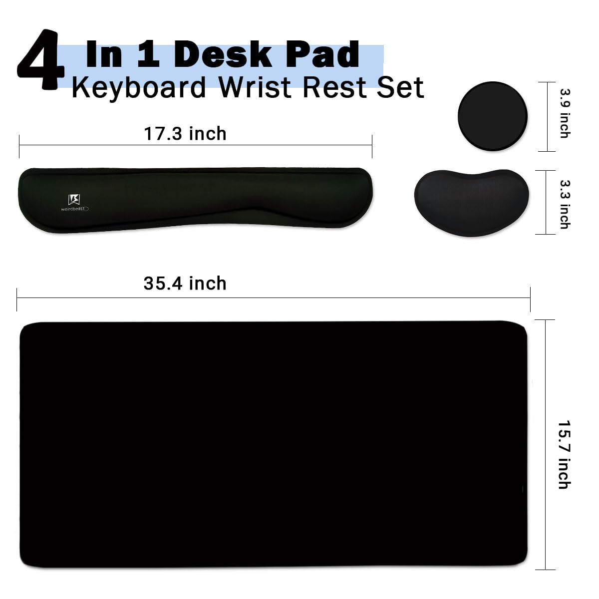 4-in-1 Large Gaming Mouse Pad, Keyboard Wrist Rest Pad & Wrist Support Mousepad Set, Extended Desk Pad Waterproof Desk Mat for Home Office Study Game-Black