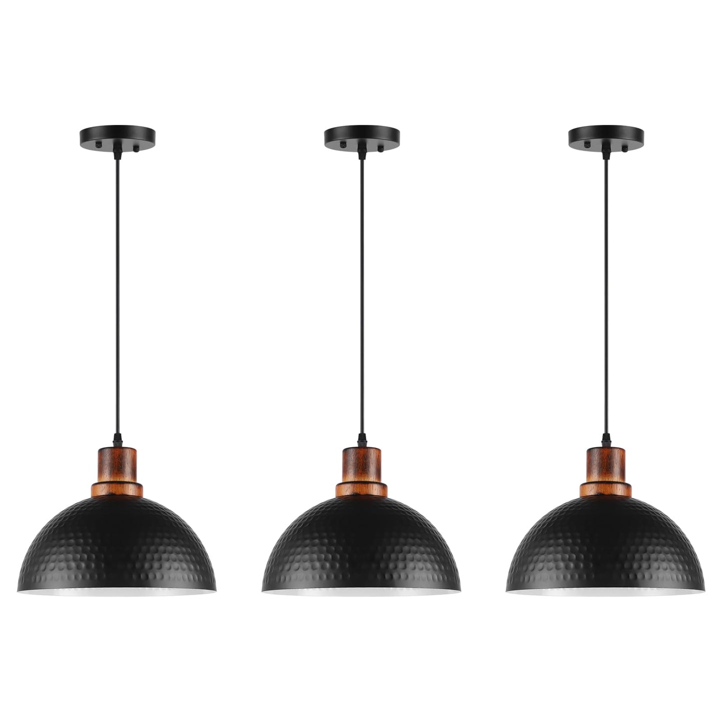 Mgcanyu Solid Wood Pendant Lights 3 Pack, 11.8" Modern Matte Black Dome Hammered Metal Hanging Ceiling Light Fixtures Industrial Lighting for Kitchen Island Dining Living Room Restaurant Farmhouse