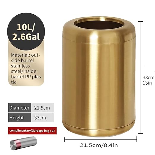 10 L/2.6Gallon,Brass Trash can,Brushed Bathroom Trash Can, Gold Wastebaske for Bathroom,Living Room,Office,Kitchen,Bedroom,Hotel (Gold)