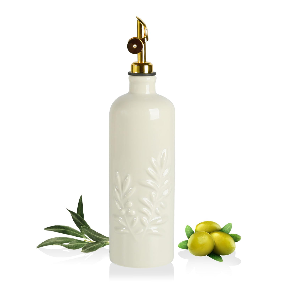 Sweejar 18 Oz Oil Dispenser for Kitchen with Gravity Spout, Ceramic Olive Oil Dispenser Bottle, Relief Opaque Vinegar Container for Evoo, Vinegar, Soy Sauce, Pack of 1(Beige, Gold Spout)