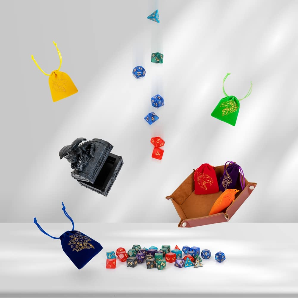 DND Dice Set 42 Pcs Polyhedral Dungeons and Dragons Rolling Dice for D&D RPG MTG Table Games Dice Bulk with Colorful Drawstring Bags and Dice Tray (Single)