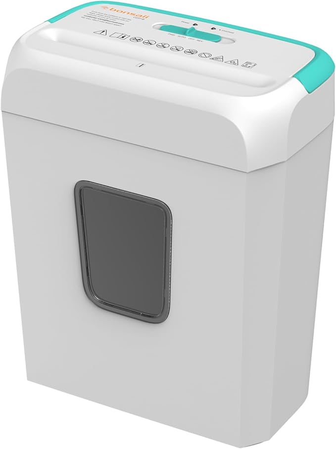 Bonsaii Secure Shredder, Home Office Shredder, high Security, 6-Sheet, Cross-Cut shredding for documents, Mail, Staples, Credit Cards, Equipped Convenient Handle, 3.4-Gallon Wastebasket, White & Blue