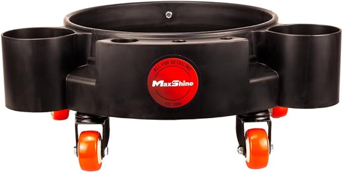Maxshine Rolling Bucket Dolly (Black) | Heavy-Duty Polypropylene with 4 Swivel Wheels, 2 Shelves & 6 Compartments | Secure Fit, Spill-Free Design for Car Wash & Auto Detailing Organization