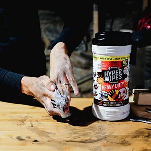 Hyper Wipes, 2 Pack Heavy Duty Hand & Tool Cleaning Wipes, 8"x12" Size Multi-Surface Cleaning Wipes, Degreasing, All Purpose Cleaner, Bathroom, Mechanic, Work Surface Wipes, 180 Count Canister