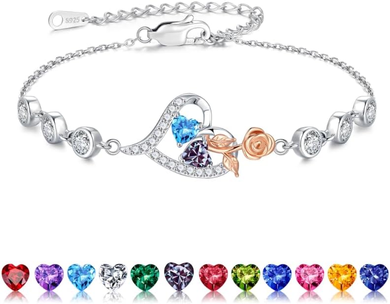 Iefil Valentines Day Gifts for Her - 925 Sterling Silver Rose Heart Birthstone Bracelets, Anniversary Birthday Gifts for Women Wife Mom Daughter, 6"+2"