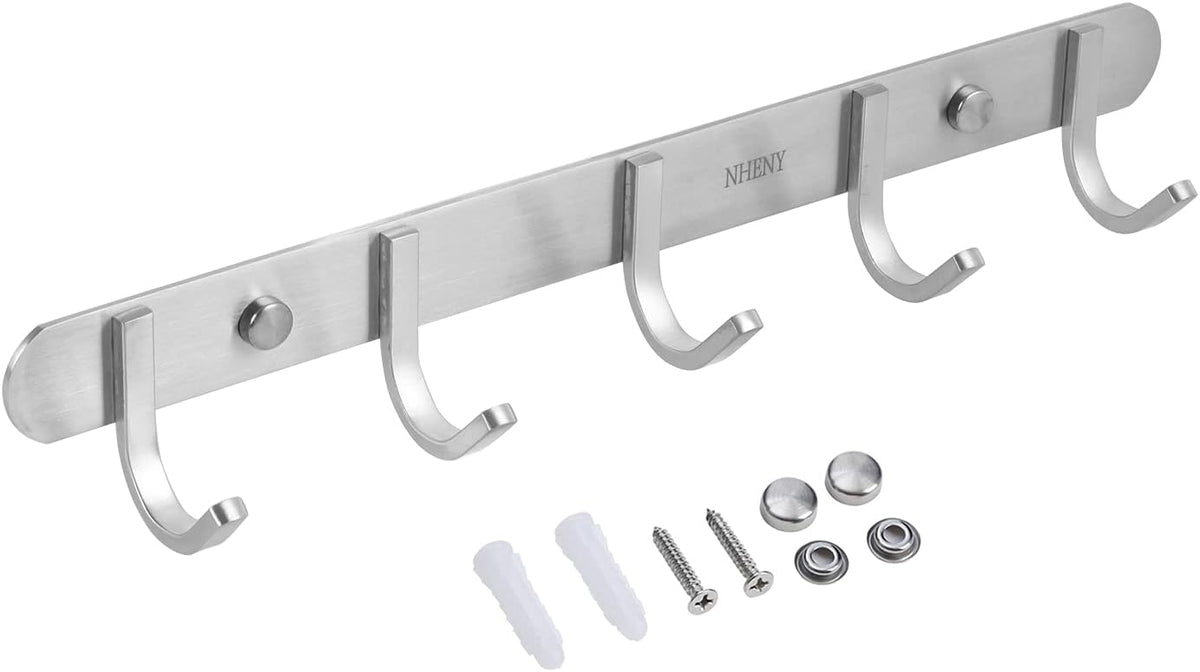 Coat Hook Rack Hanger –Towel Hook Rail with 5 Hooks 13-Inch Wall Mounted for Bedroom, Bathroom, Hallway, Garage, Garden, Office, 304 Stainless Steel Brushed Nickel, Easy Installation (Silver)