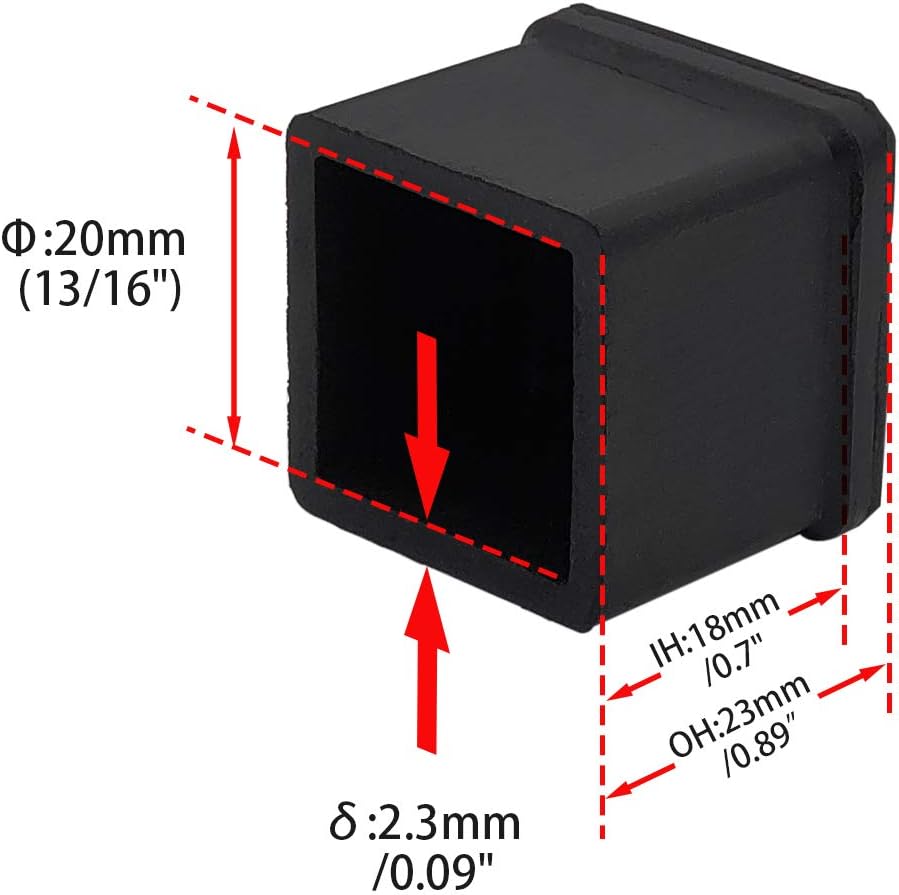 Flyshop Heavy Duty Non-Slip Rubber Leg Tips Square Chair Leg Floor Protectors 20mm x 20mm (13/16" x 13/16") 20pcs Black