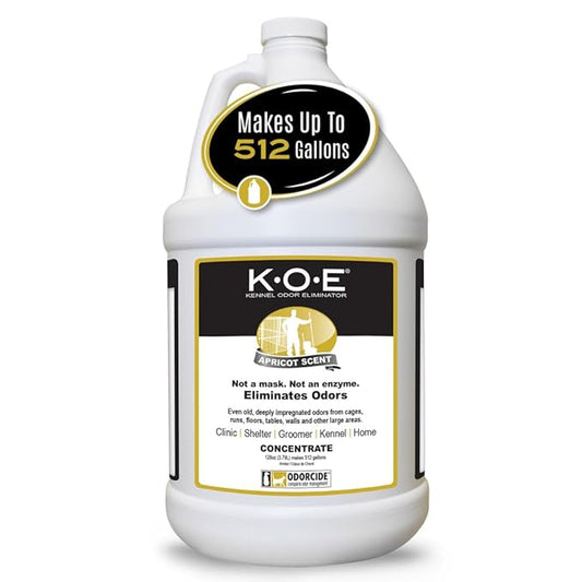 Odorcide K.O.E. Apricot Odor Eliminator Concentrate for Strong Odor for Cages, Runs & More – Home & Kennel w/Safe, Non-Enzymatic Formula - 128 oz