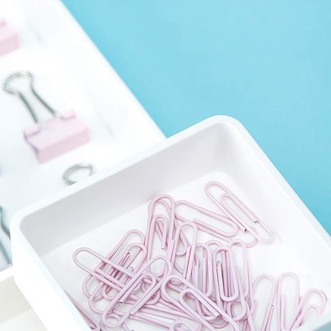 Paper Clips and Binder Clips Set, Metal Assorted Sized Binders with Push Pins, Cute Office Supplies for Desk, Desk Accessories (Pink)