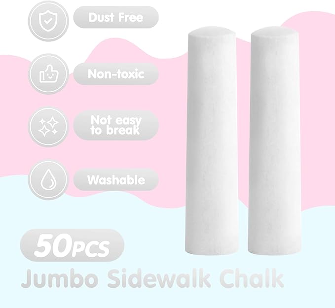 50 Pack White Chalk, Washable Sidewalk Chalks for Kids Non-Toxic Jumbo Chalk for Outdoor Art Play, Colored Chalk for Painting on Chalkboard, Blackboard and Playground(White)