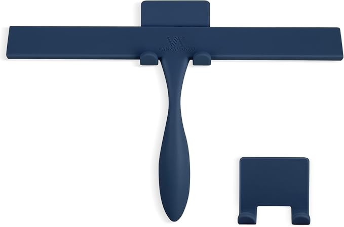 Squeegee for Shower Glass Door, 11-Inch Shower Squeegee for Glass Doors, Bathroom Silicone Squeegees Wiper for Shower with Non-Slip Handle, No-Drilling Silicone Hanging Hook, for Tiles (Dark Blue)