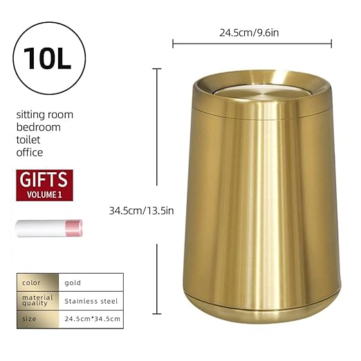 10 L/3 Gallen,Gold Small Trash Can for Bathroom,Brushed Stainless Steel Garbage Can with Flipping Lid,for Bathroom,Living Room,Bedroom,Hotel,Conference Room(Gold)