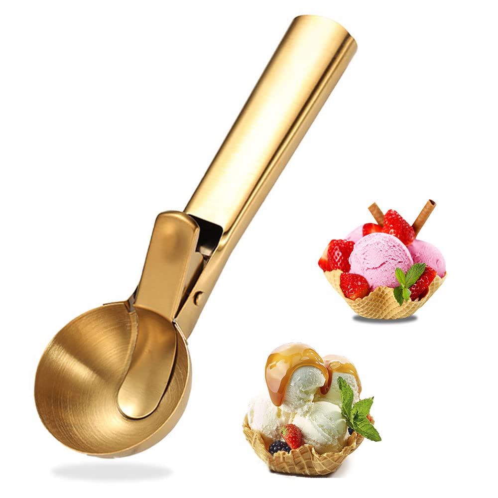 Ice Cream Scooper Stainless Steel, Cookie Scoopwith Trigger Heavy Duty Metal Icecream Scoop,Cookie Scoop Large Size Perfect For Frozen Yogurt, Gelatos, Sundaes (C-Gold 2Pack)