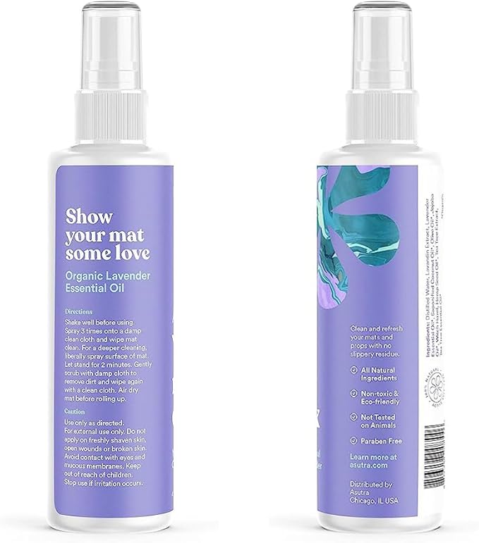 ASUTRA Yoga Mat Cleaner Spray (Peaceful Lavender), 4 fl oz - No Slippery Residue, Organic Essential Oils, Deep-Cleansing for Fitness Gear & Gym Equipment, Microfiber Towel Included