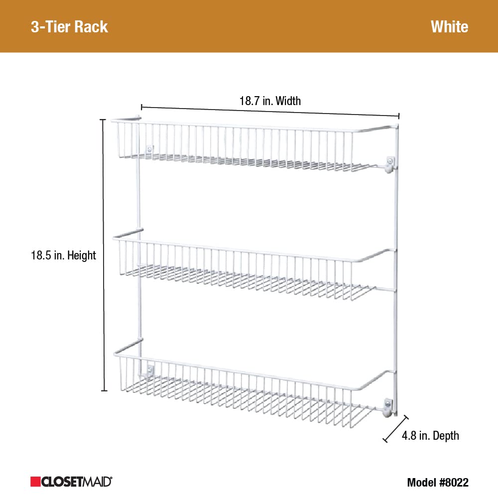 ClosetMaid 3-Tier Hanging Wall Mounted Metal Rack for Spices, Shelf Storage, Pantry Organization, Laundry, Kitchen, Bathroom, White, 8022